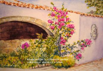 watercolour house portrait featuring an arched wall and bougainvillea in Spain