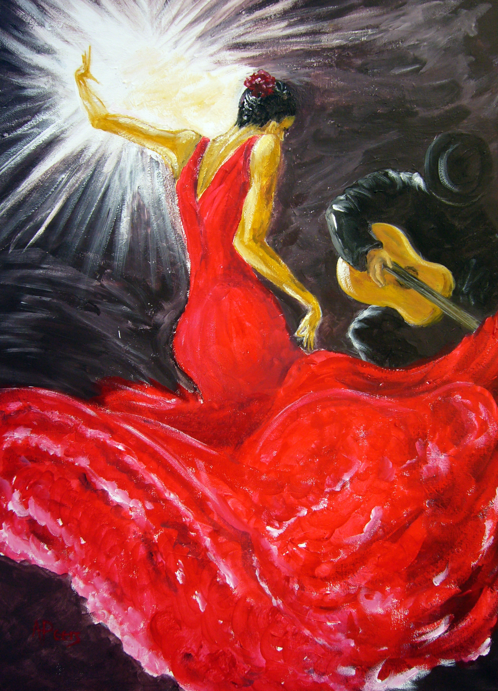 Original acrylic painting of flamenco dancer in red dress